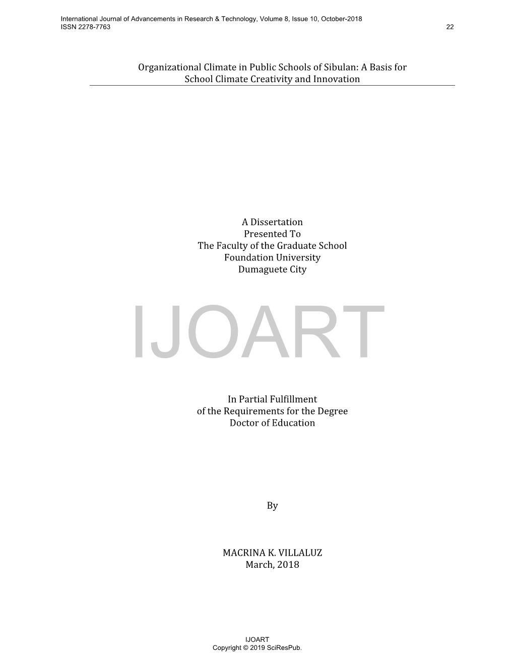 Organizational Climate in Public Schools of Sibulan: a Basis for School Climate Creativity and Innovation