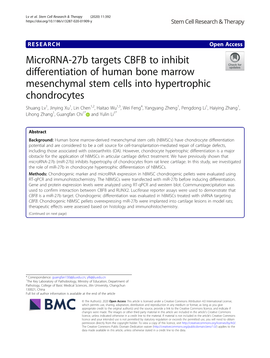 Microrna-27B Targets CBFB to Inhibit Differentiation of Human Bone Marrow Mesenchymal Stem Cells Into Hypertrophic Chondrocytes