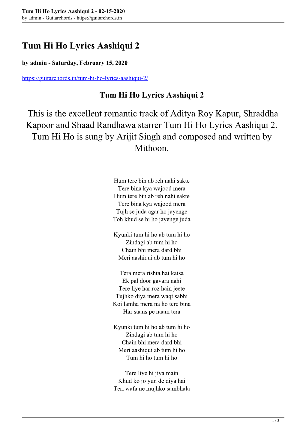 Tum Hi Ho Lyrics Aashiqui 2 - 02-15-2020 by Admin - Guitarchords