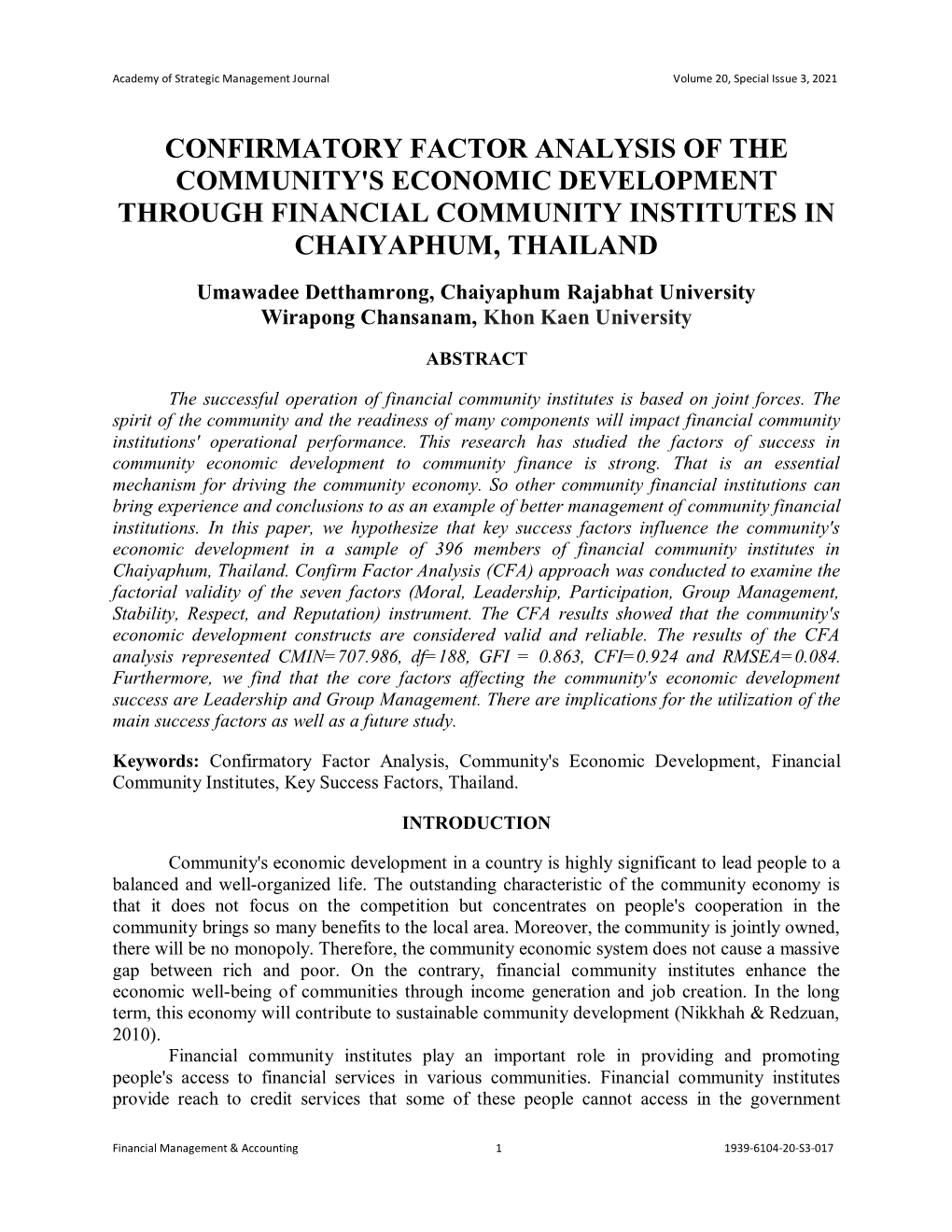 Confirmatory Factor Analysis of the Community's Economic Development Through Financial Community Institutes in Chaiyaphum, Thailand