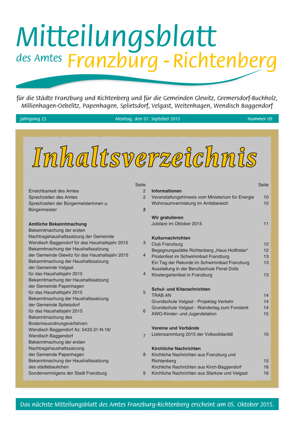 Mitteilungsblatt Des Amtes Franzburg - Richtenberg