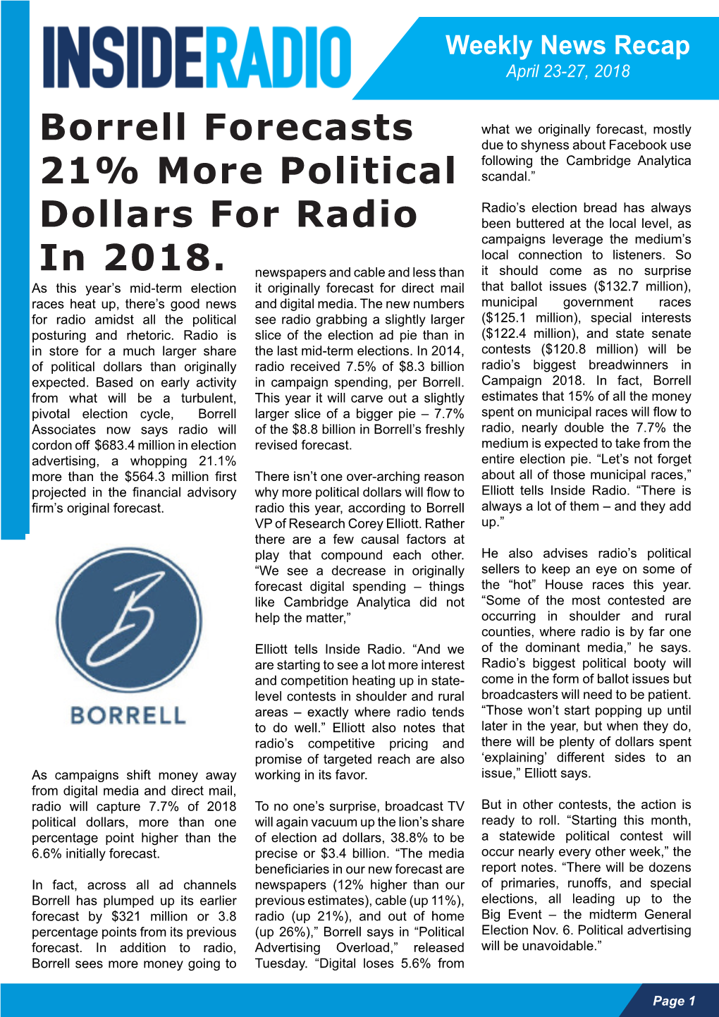 Borrell Forecasts 21% More Political Dollars for Radio