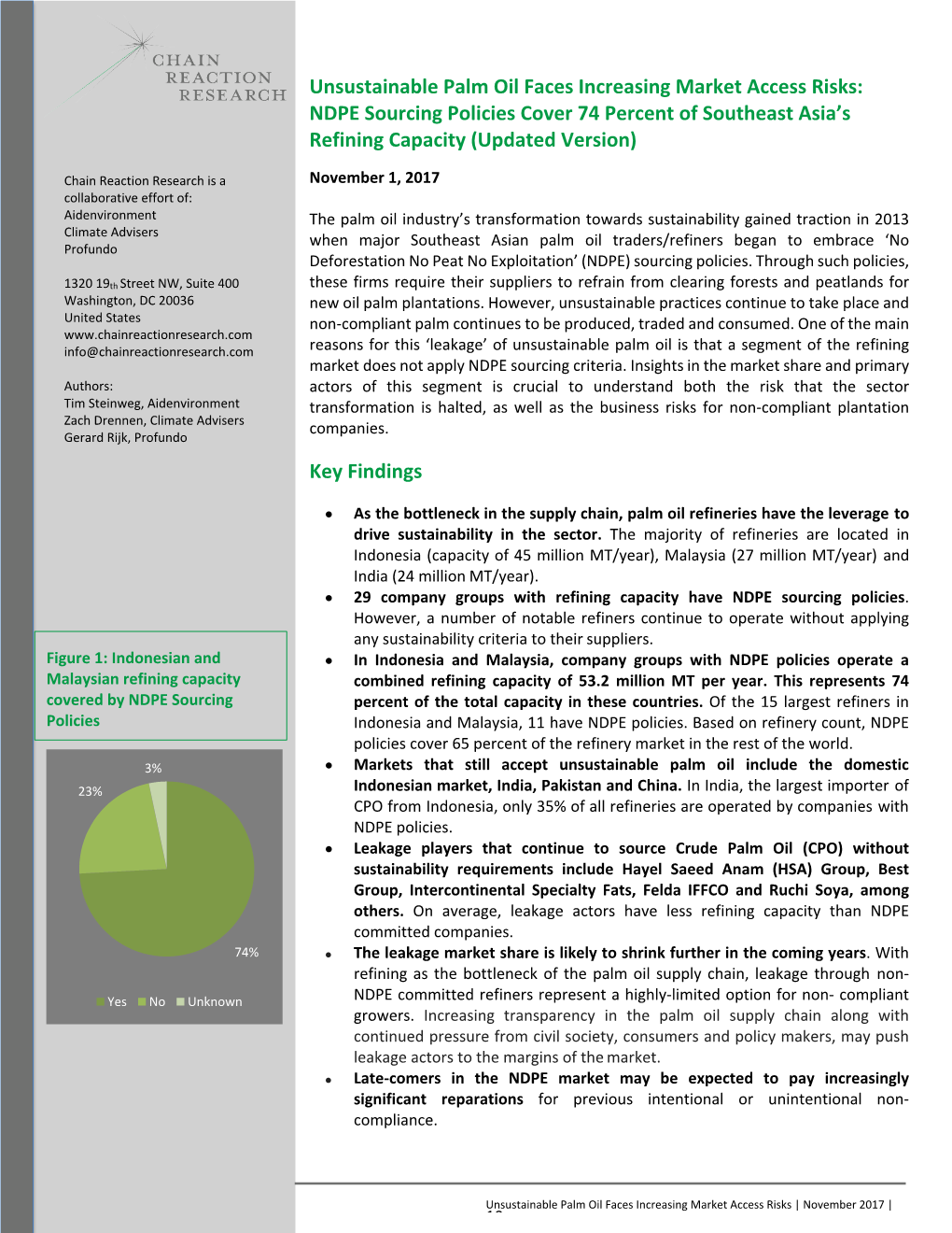 Unsustainable Palm Oil Faces Increasing Market Access Risks: NDPE Sourcing Policies Cover 74 Percent of Southeast Asia’S Refining Capacity (Updated Version)