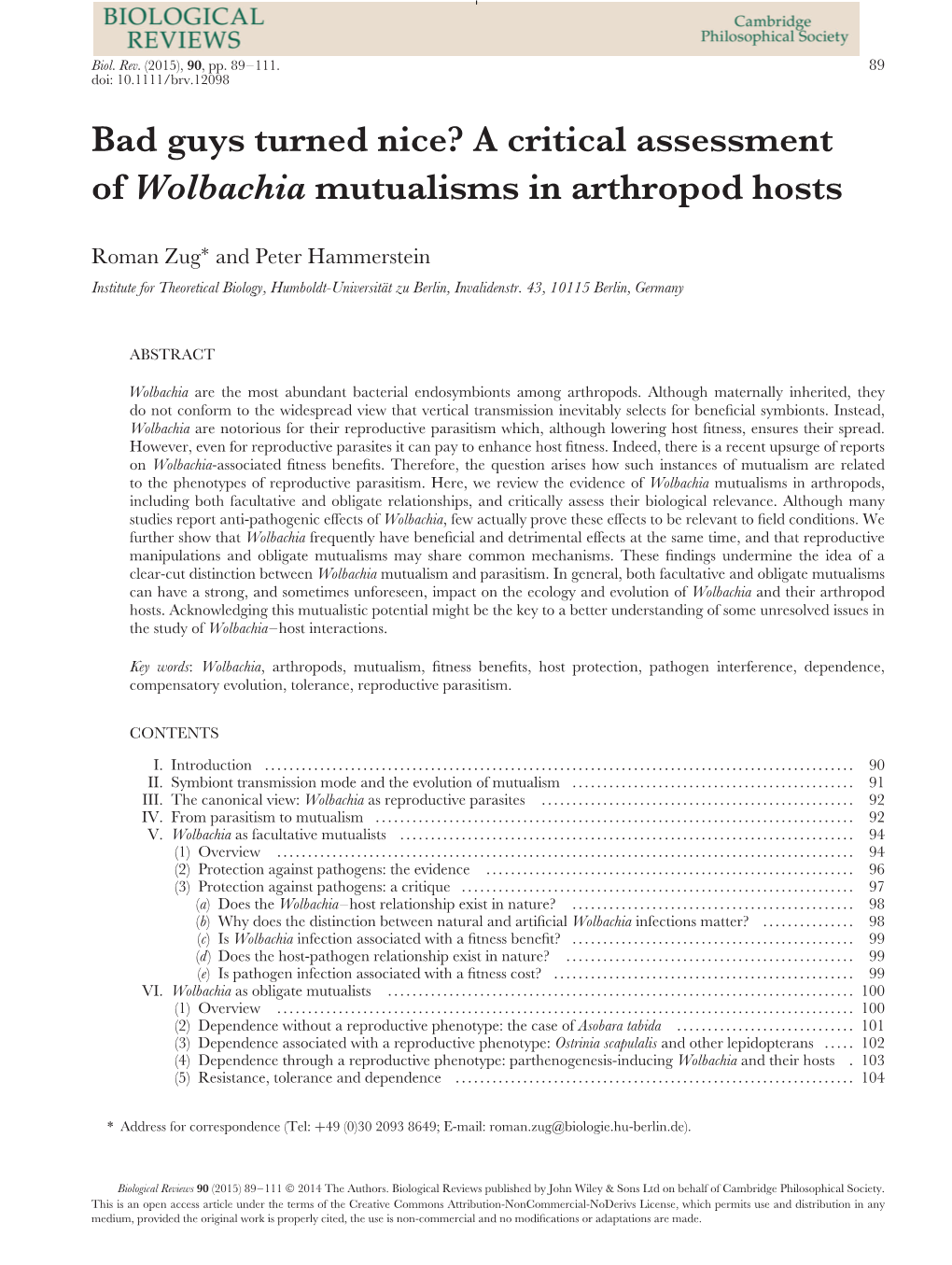 Bad Guys Turned Nice? a Critical Assessment of Wolbachia Mutualisms in Arthropod Hosts