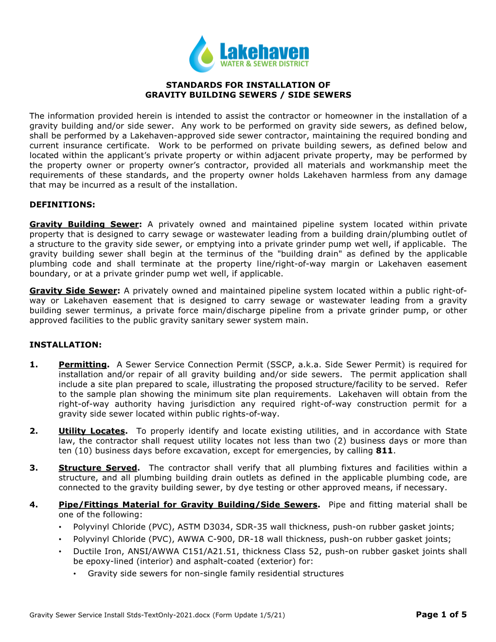 Installation Standards-Gravity Sewer Service Connections