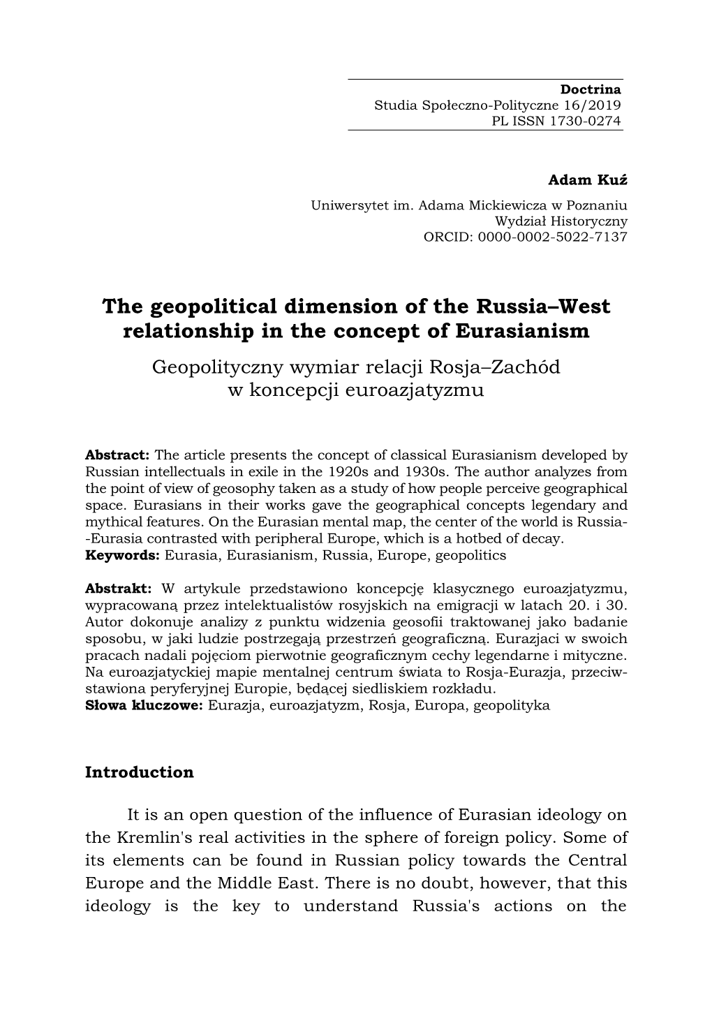 The Geopolitical Dimension of the Russia–West Relationship in the Concept of Eurasianism