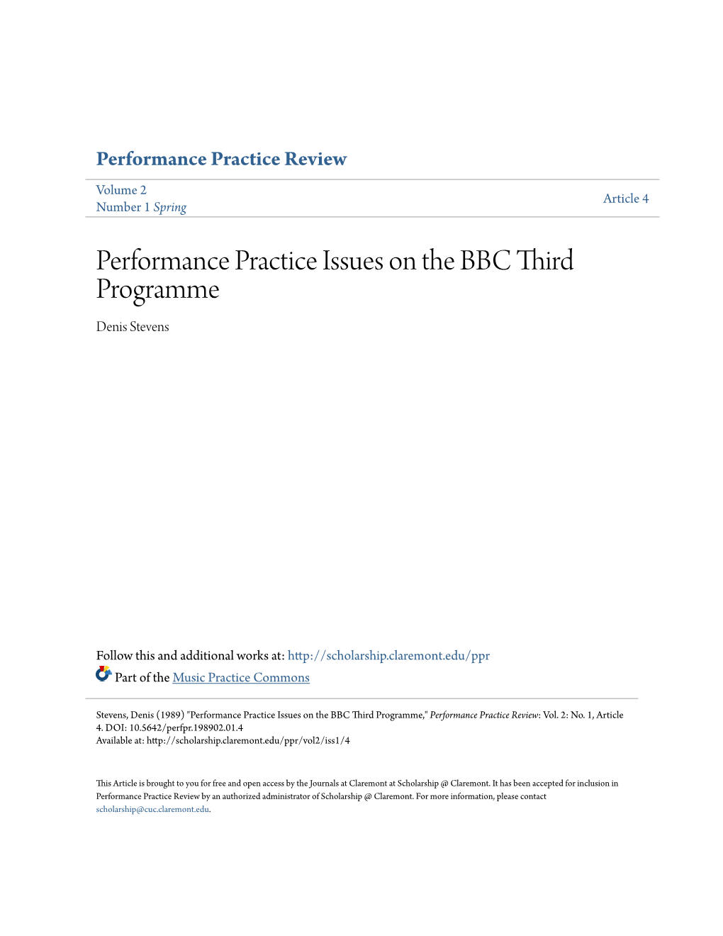 Performance Practice Issues on the BBC Third Programme Denis Stevens