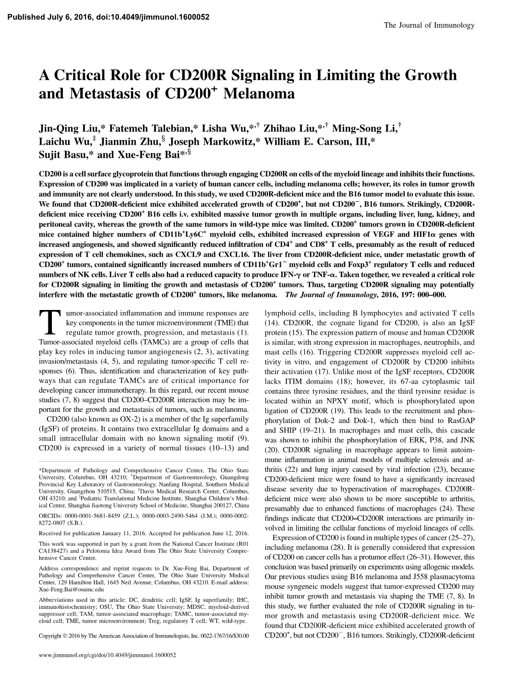A Critical Role for CD200R Signaling in Limiting the Growth and Metastasis of CD200+ Melanoma
