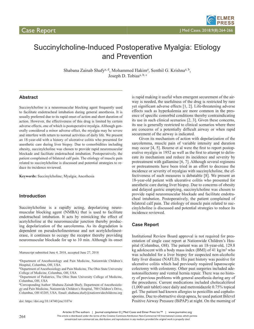 Succinylcholine-Induced Postoperative Myalgia: Etiology and Prevention