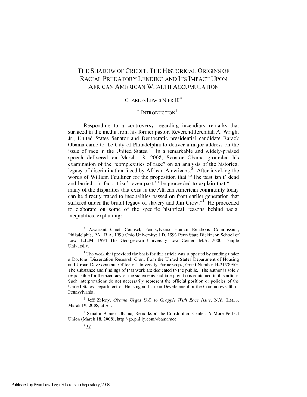 The Historical Origins of Facial Predatory Lending and ITS Impact Upon African American Wealth Accumulatio