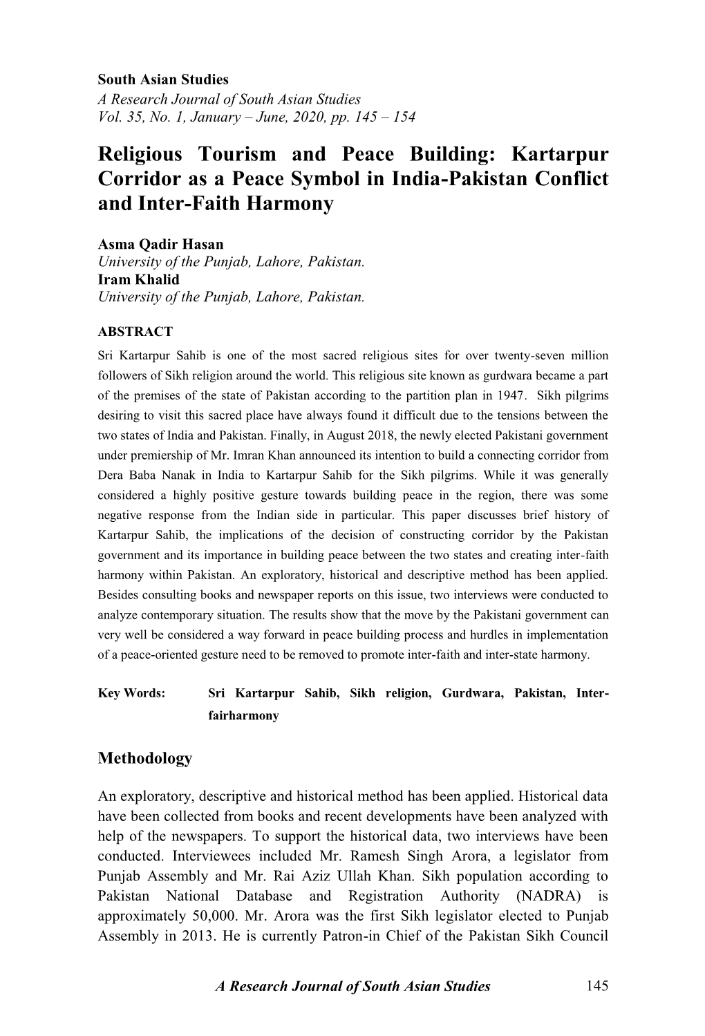 Religious Tourism and Peace Building: Kartarpur Corridor As a Peace Symbol in India-Pakistan Conflict and Inter-Faith Harmony
