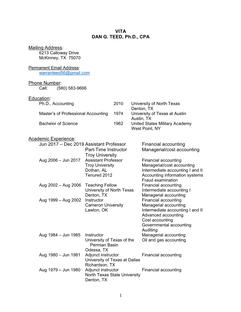 1 VITA DAN G. TEED, Ph.D., CPA Mailing Address: Phone Number