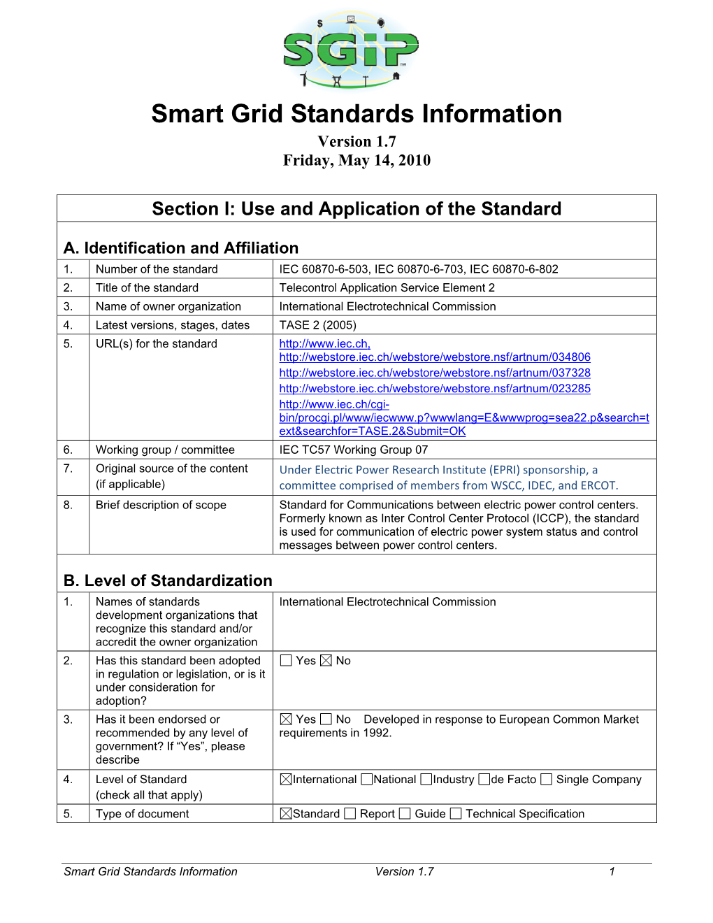 Smart Grid Standards Information Version 1.7 Friday, May 14, 2010