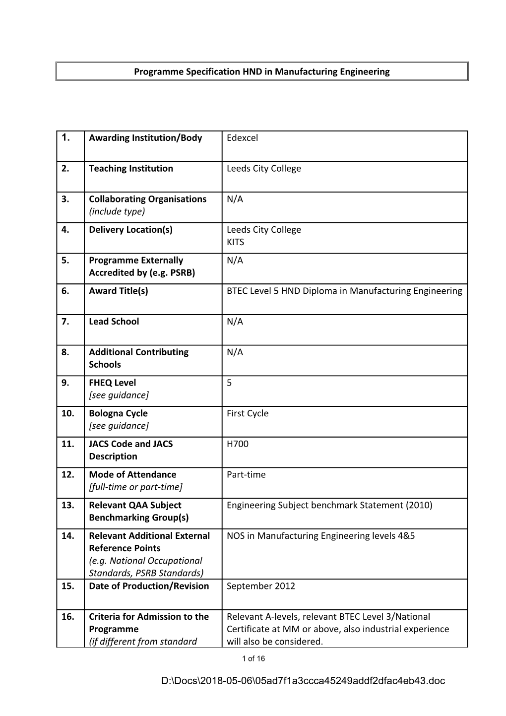 Programme Specification HND in Manufacturing Engineering