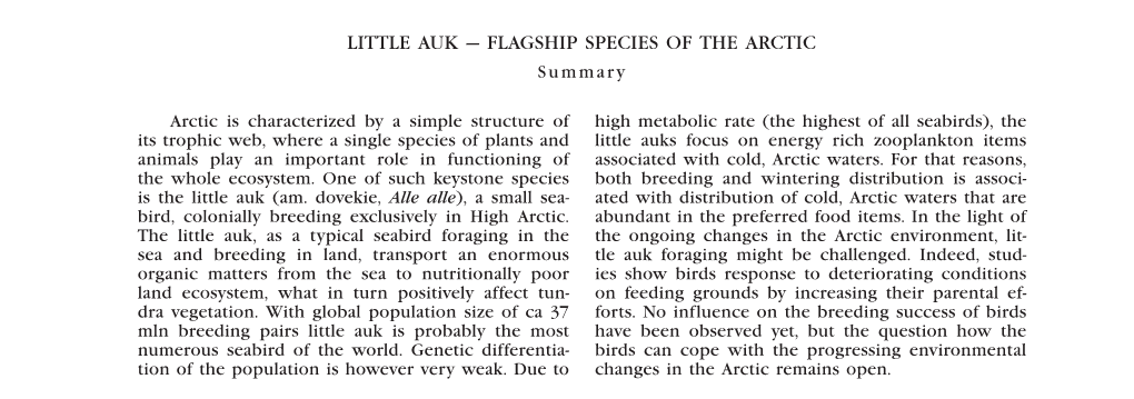 LITTLE AUK — FLAGSHIP SPECIES of the ARCTIC Summary