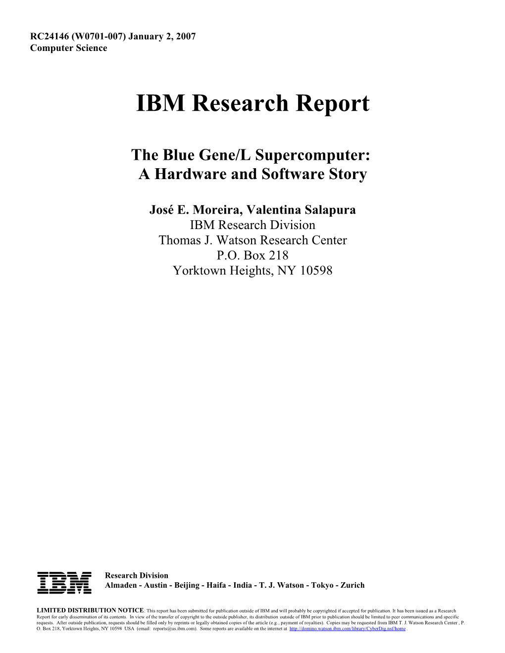 IBM Research Report the Blue Gene/L Supercomputer