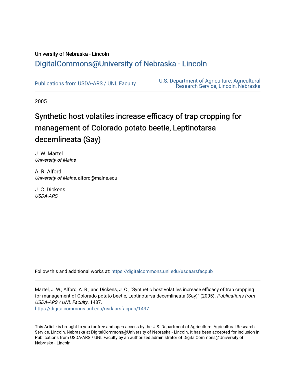 Synthetic Host Volatiles Increase Efficacy of Trap Cropping for Management of Colorado Potato Beetle, Leptinotarsa Decemlineata (Say)