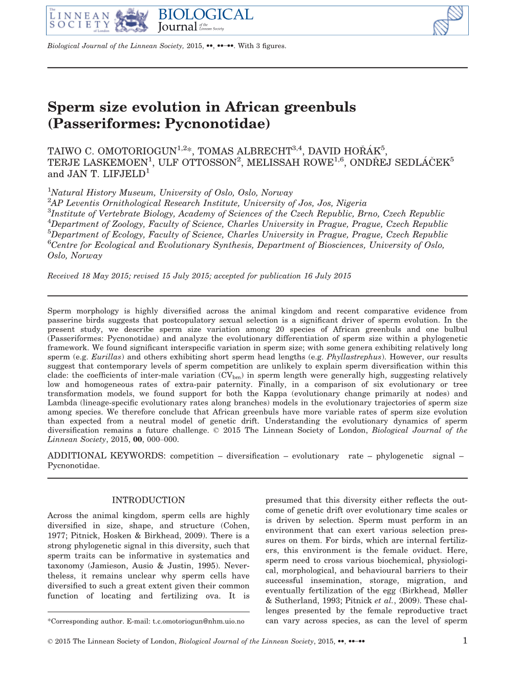 Sperm Size Evolution in African Greenbuls (Passeriformes: Pycnonotidae)