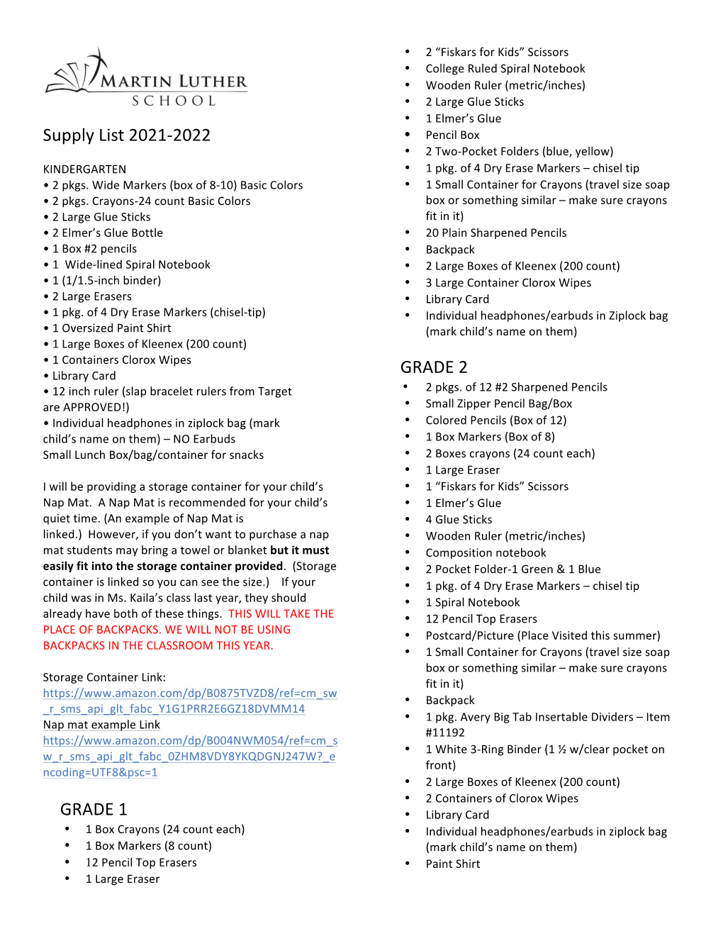 Supply List 2021-‐2022 GRADE 1 GRADE 2