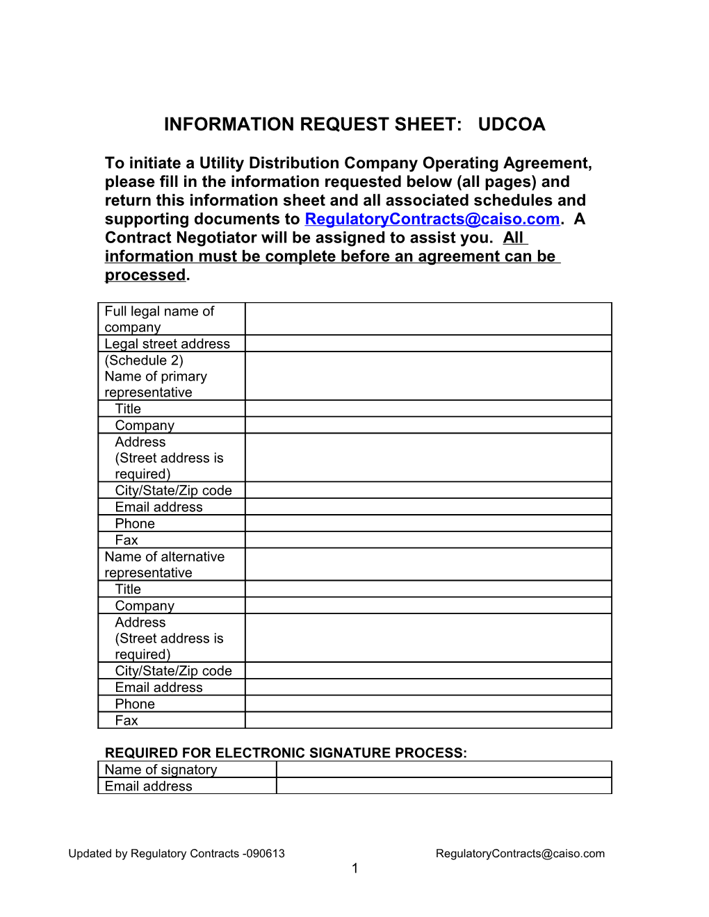 Utility Distribution Company Operating Agreement Information Request Sheet