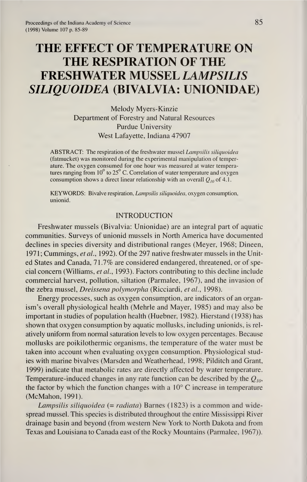 Proceedings of the Indiana Academy of Science 85