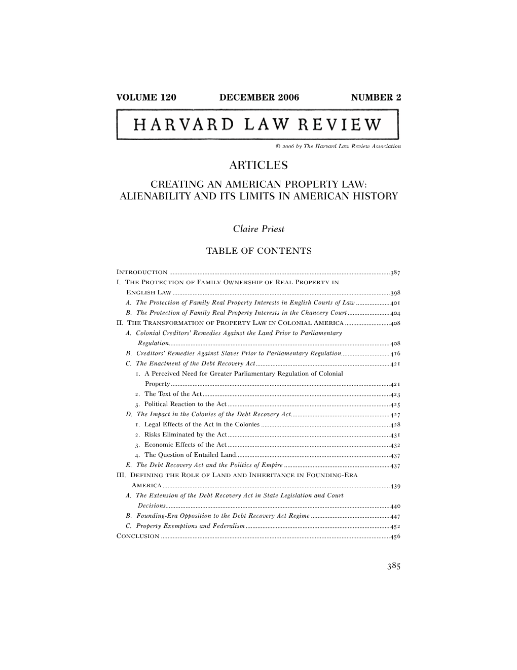 Articles Creating an American Property Law: Alienability and Its Limits in American History