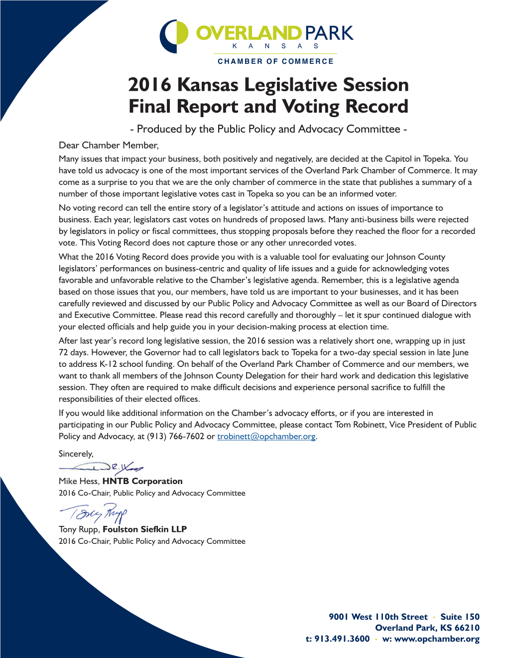 2016 Kansas Legislative Session Final Report and Voting Record