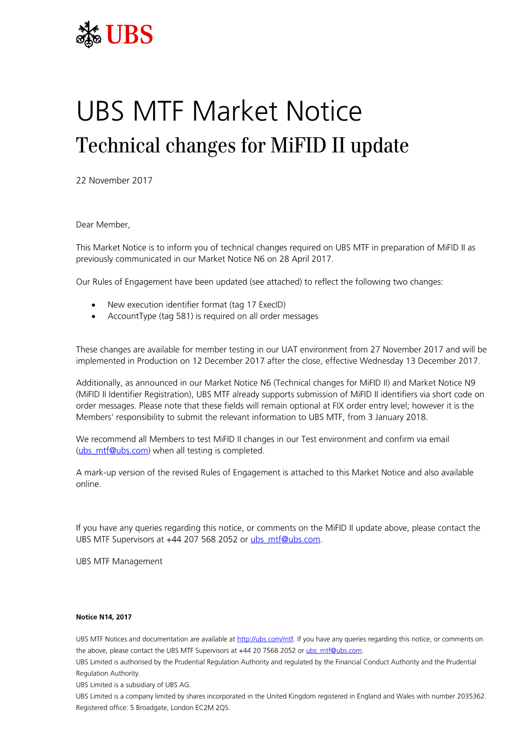 UBS MTF Market Notice