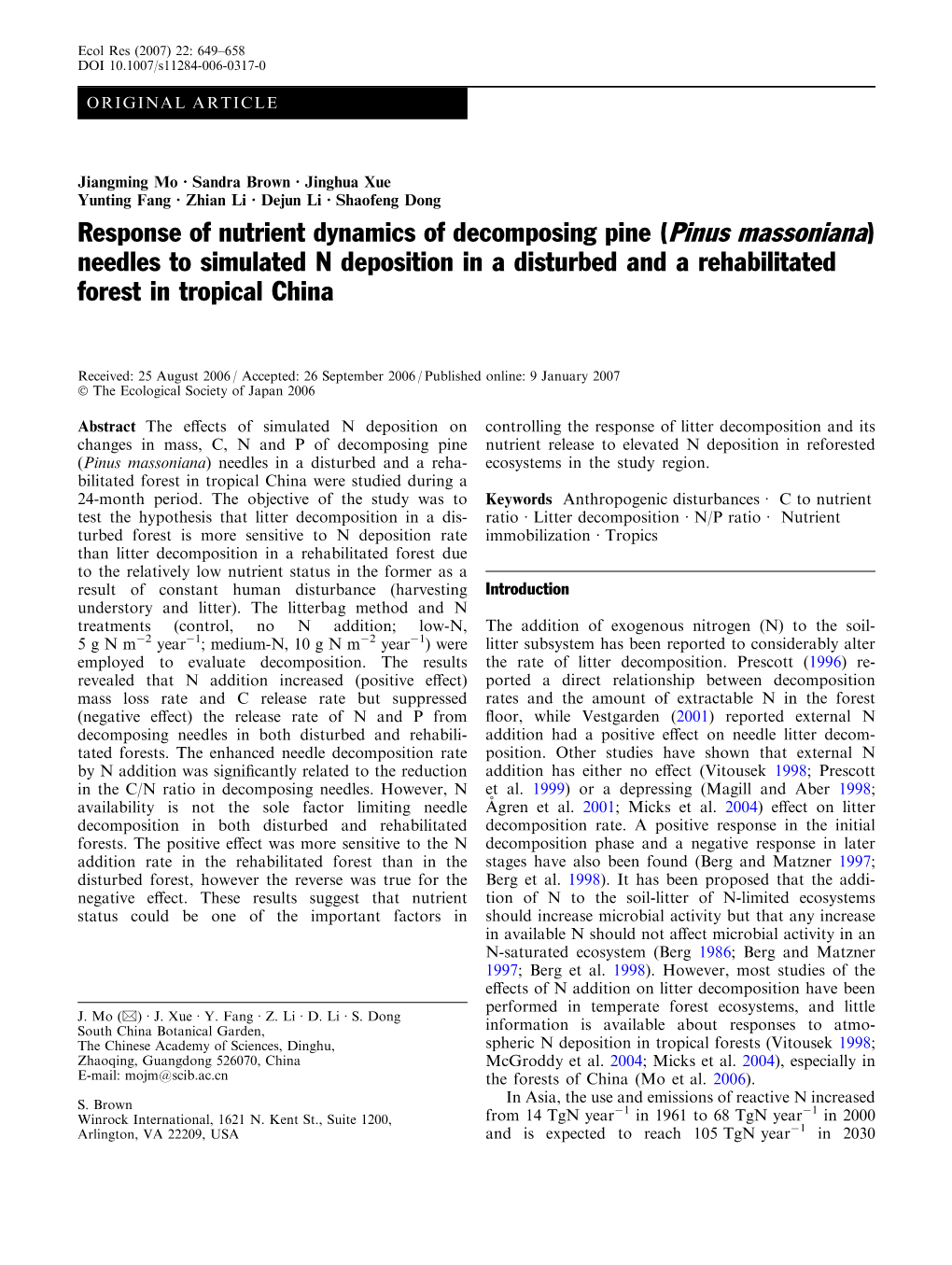 Pinus Massoniana) Needles to Simulated N Deposition in a Disturbed and a Rehabilitated Forest in Tropical China