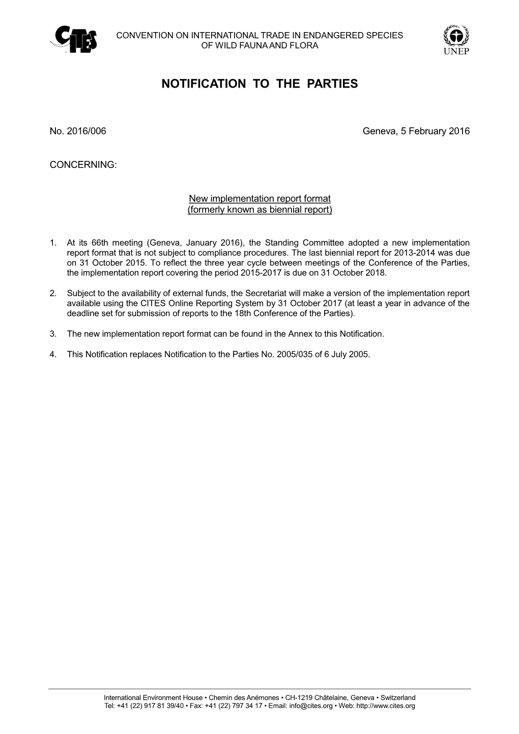 Notification to the Parties No. 2016/006