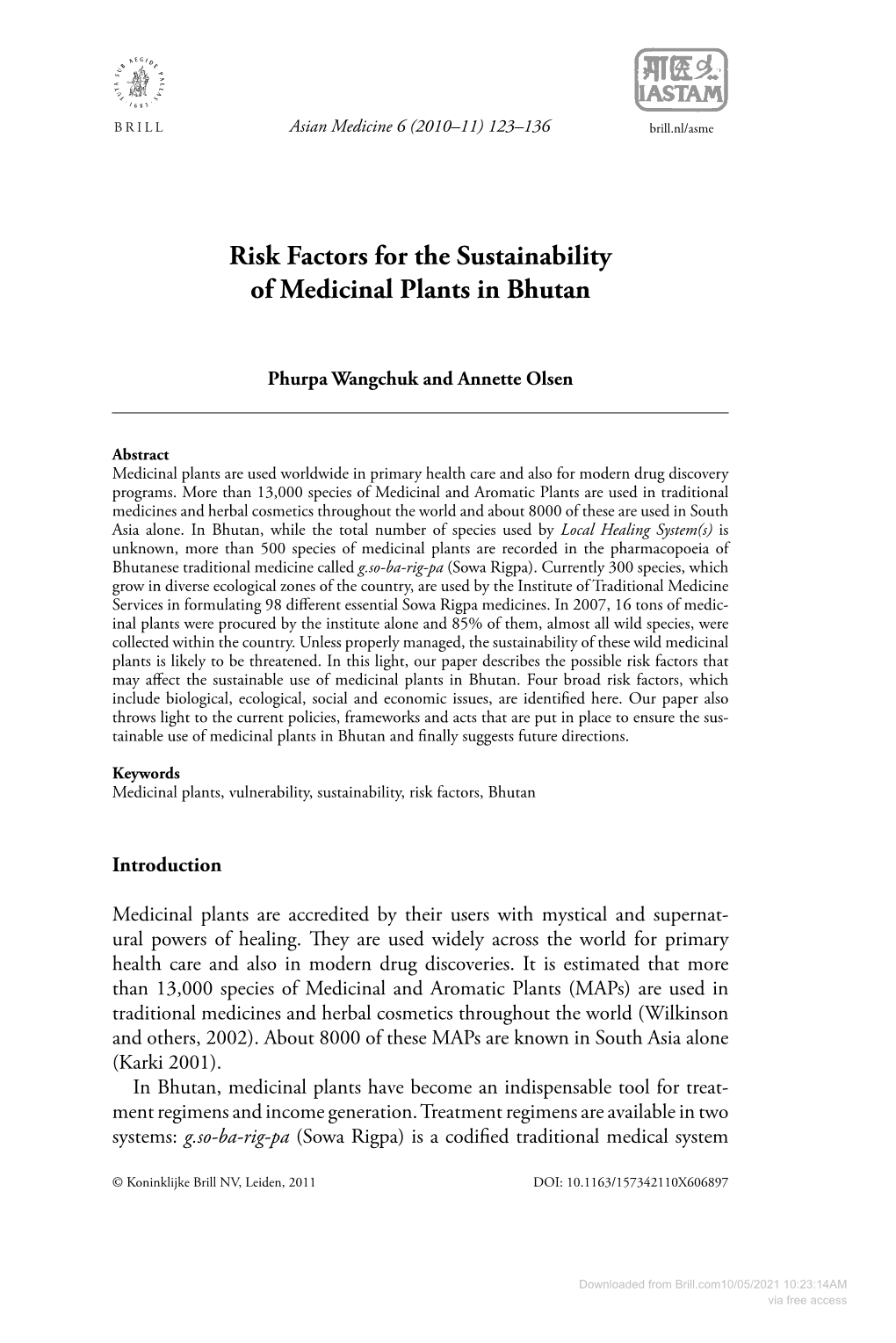 Risk Factors for the Sustainability of Medicinal Plants in Bhutan