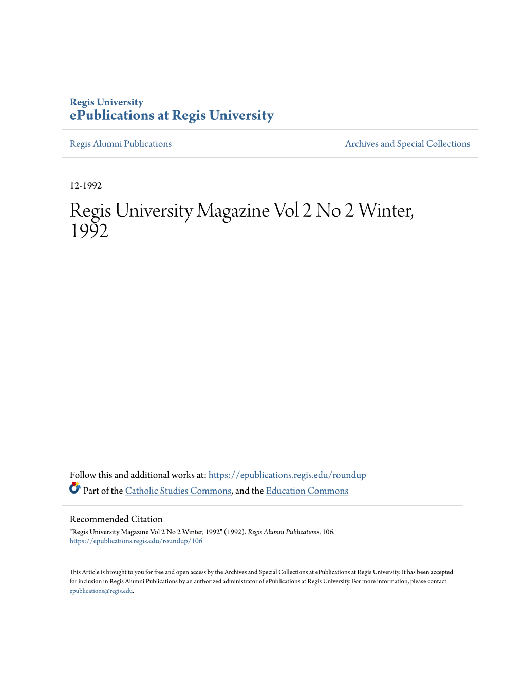 Regis University Magazine Vol 2 No 2 Winter, 1992