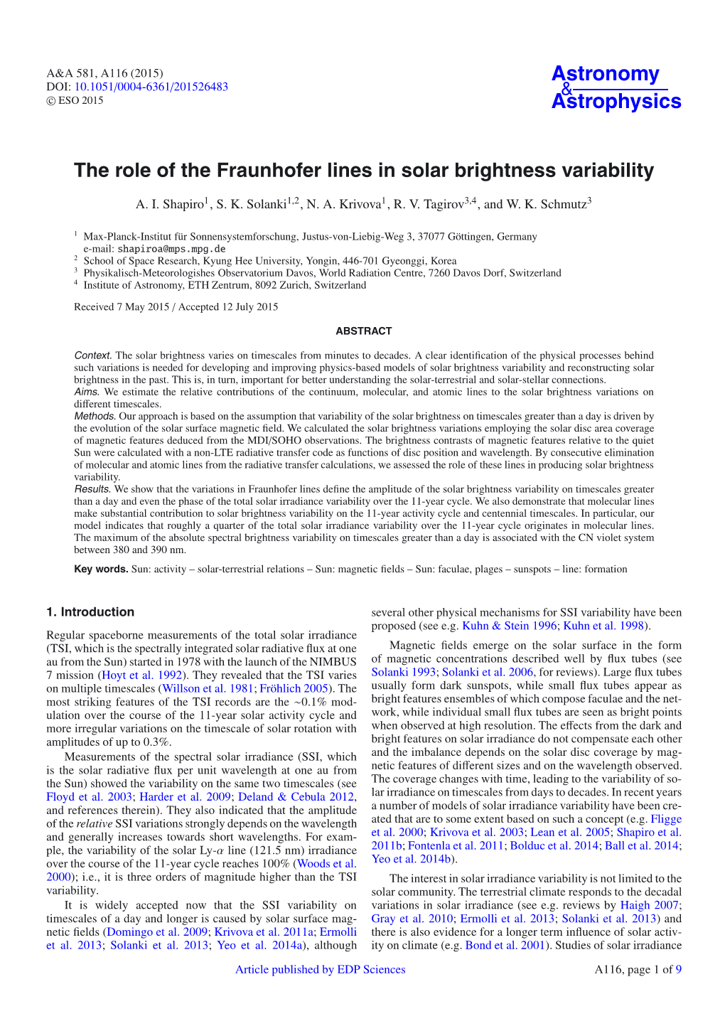 The Role of the Fraunhofer Lines in Solar Brightness Variability