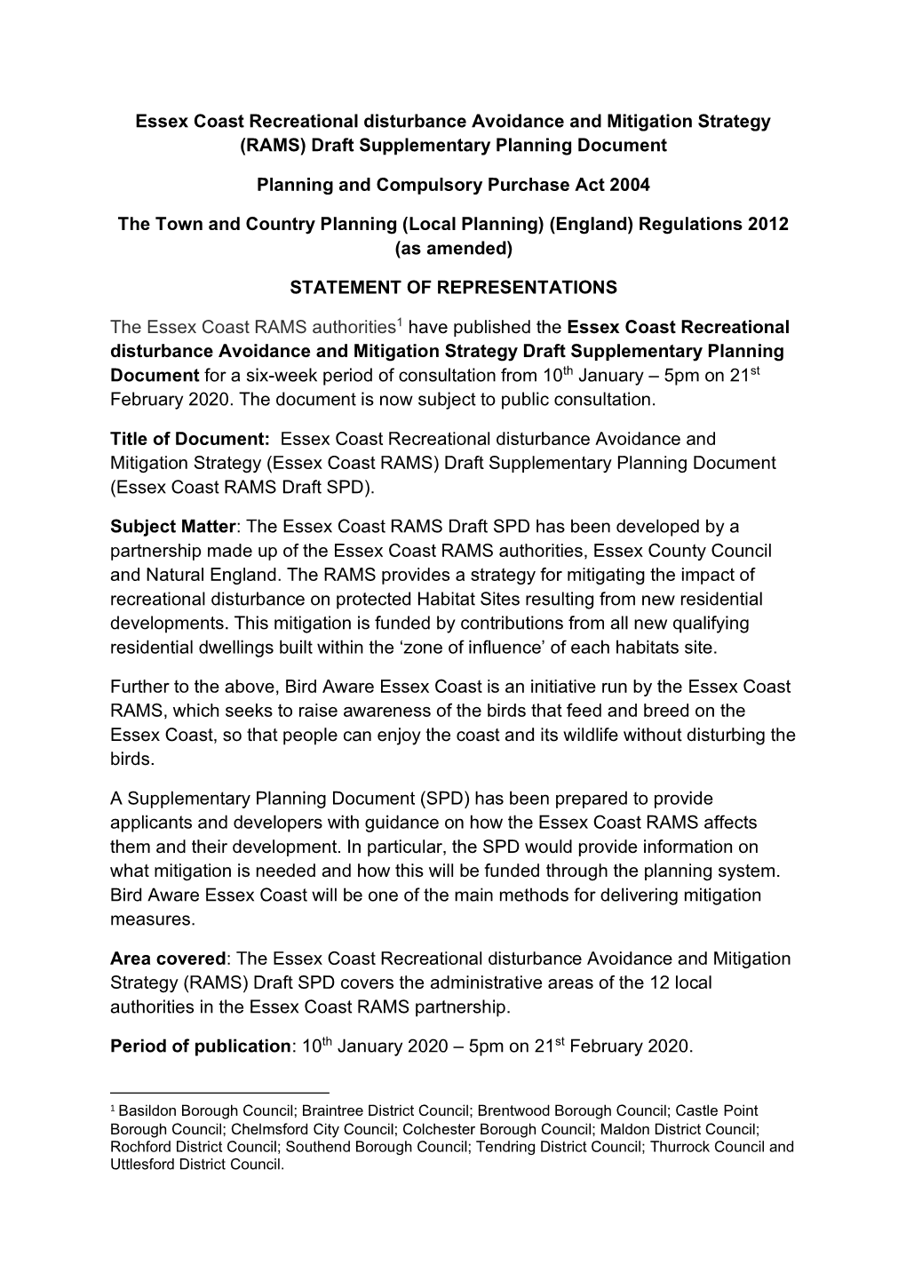 Essex Coast Recreational Disturbance Avoidance and Mitigation Strategy (RAMS) Draft Supplementary Planning Document