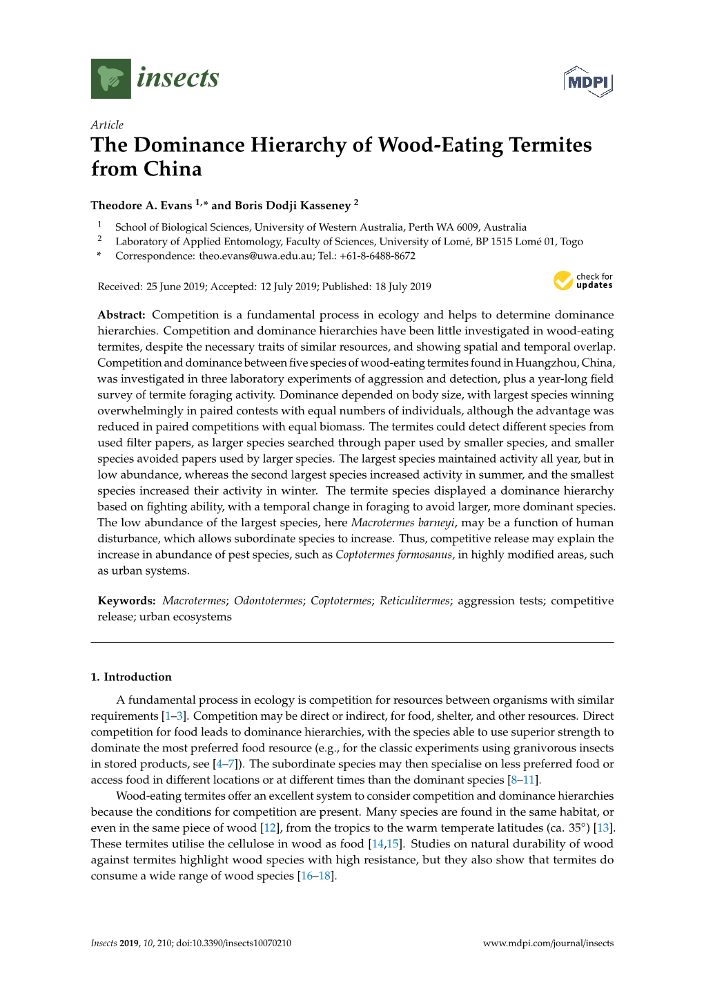 The Dominance Hierarchy of Wood-Eating Termites from China