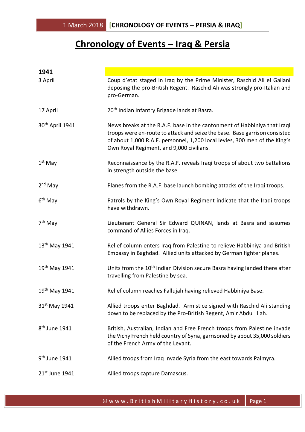 Chronology of Events – Persia & Iraq