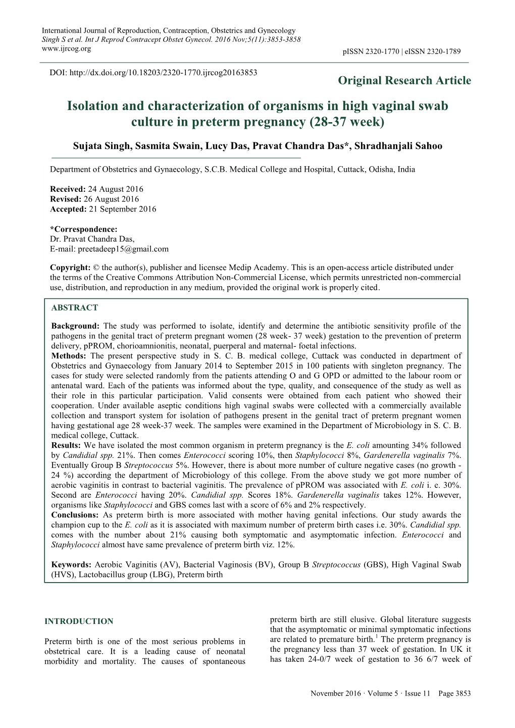 Isolation and Characterization of Organisms in High Vaginal Swab Culture in Preterm Pregnancy (28-37 Week)