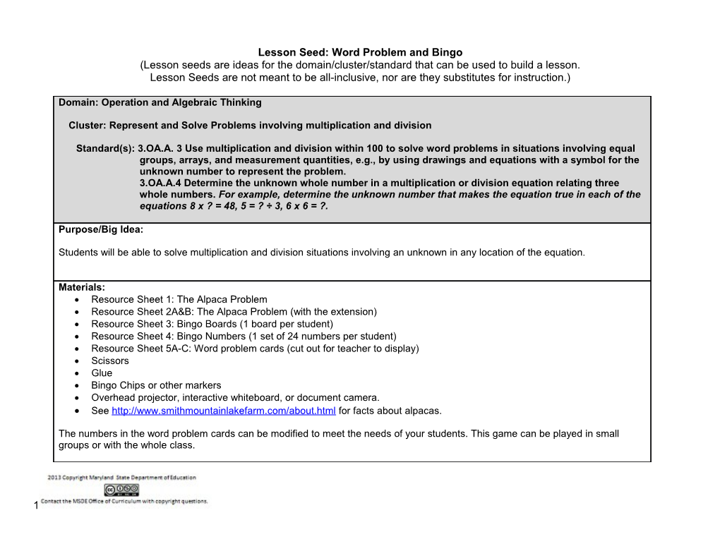 Lesson Seed: Word Problem and Bingo