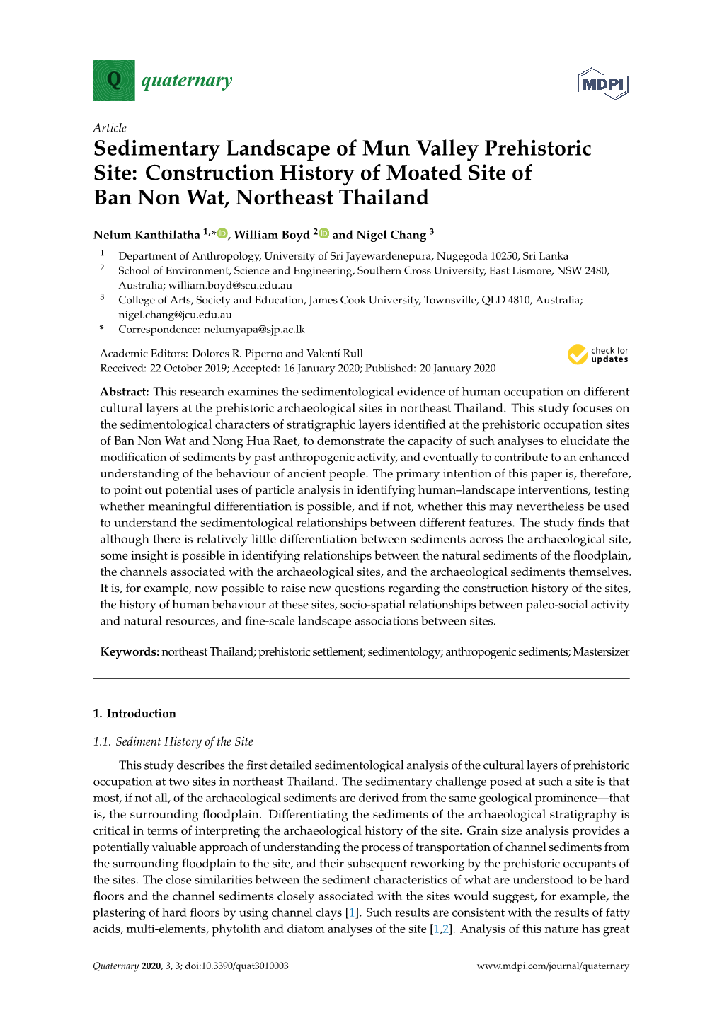 Sedimentary Landscape of Mun Valley Prehistoric Site: Construction History of Moated Site of Ban Non Wat, Northeast Thailand