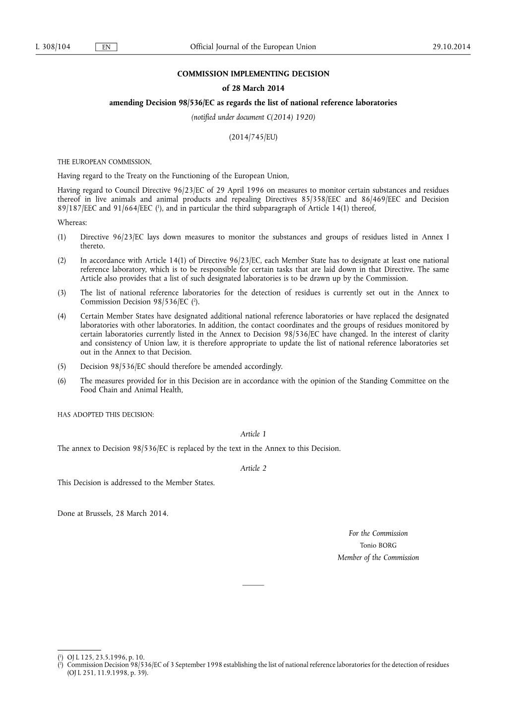 Of 28 March 2014 Amending Decision 98/536/EC As Regards the List of National Reference Laboratories (Notified Under Document C(2014) 1920)