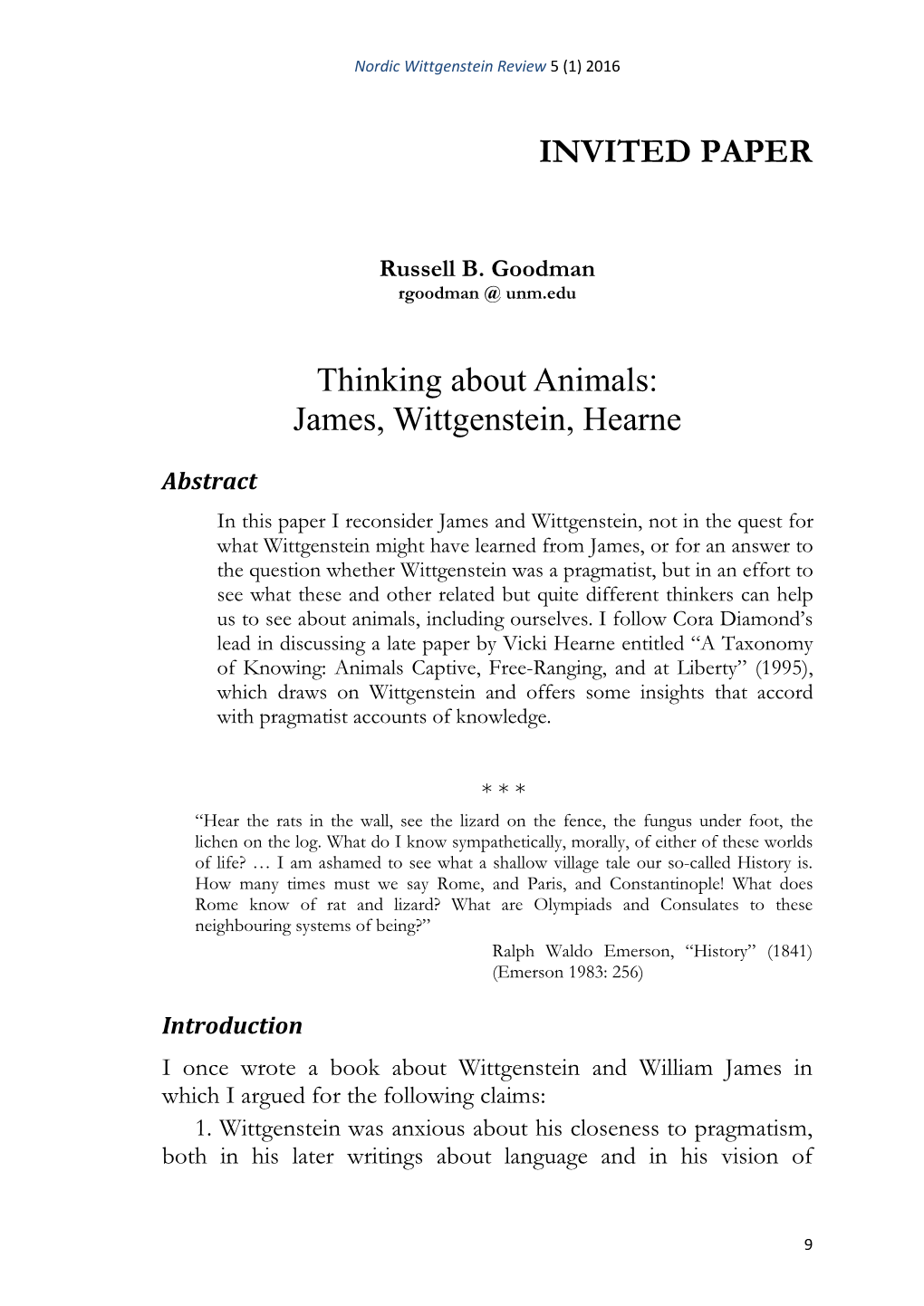 INVITED PAPER Thinking About Animals: James, Wittgenstein, Hearne