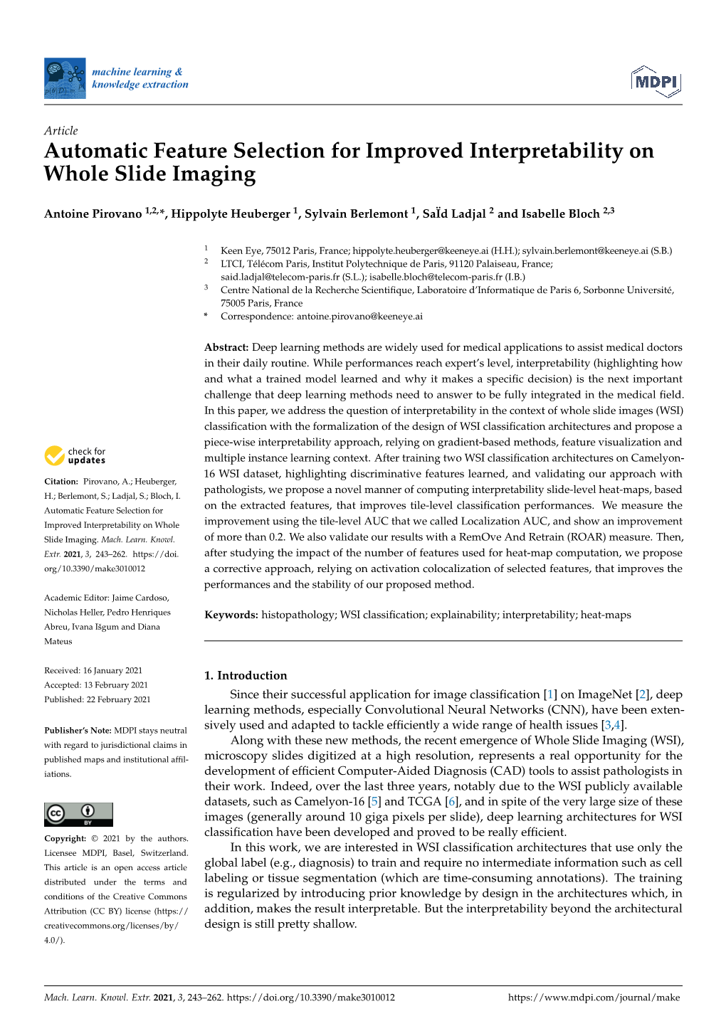 Automatic Feature Selection for Improved Interpretability on Whole Slide Imaging