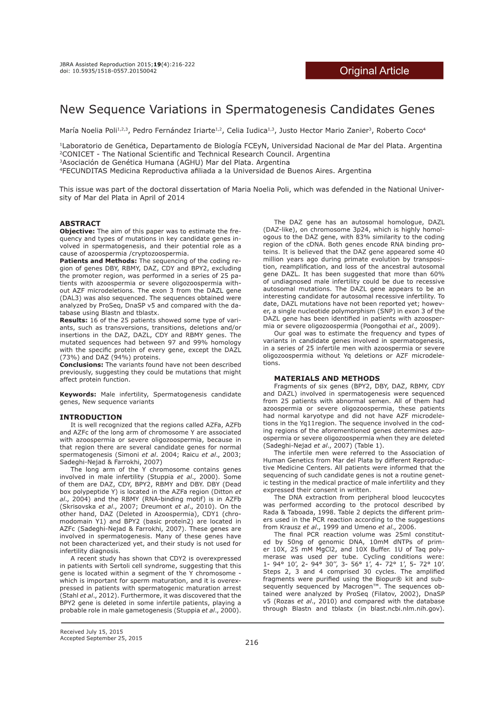 New Sequence Variations in Spermatogenesis Candidates Genes