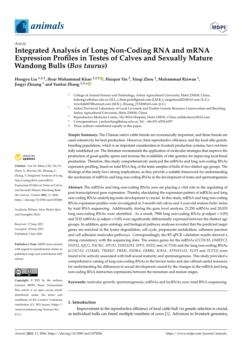 Integrated Analysis of Long Non-Coding RNA and Mrna Expression Proﬁles in Testes of Calves and Sexually Mature Wandong Bulls (Bos Taurus)