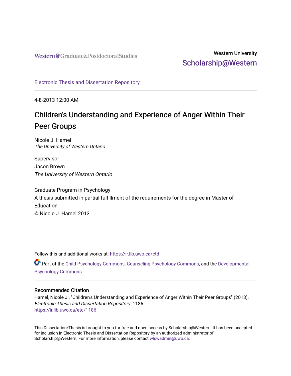 Children's Understanding and Experience of Anger Within Their Peer Groups