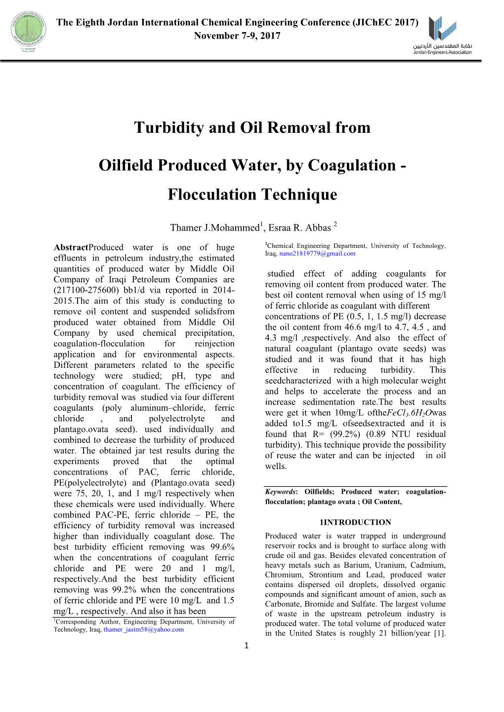 Turbidity and Oil Removal from Oilfield Produced Water, by Coagulation