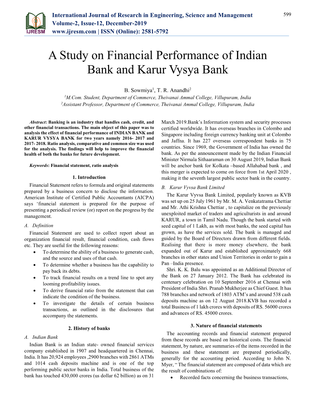 A Study on Financial Performance of Indian Bank and Karur Vysya Bank