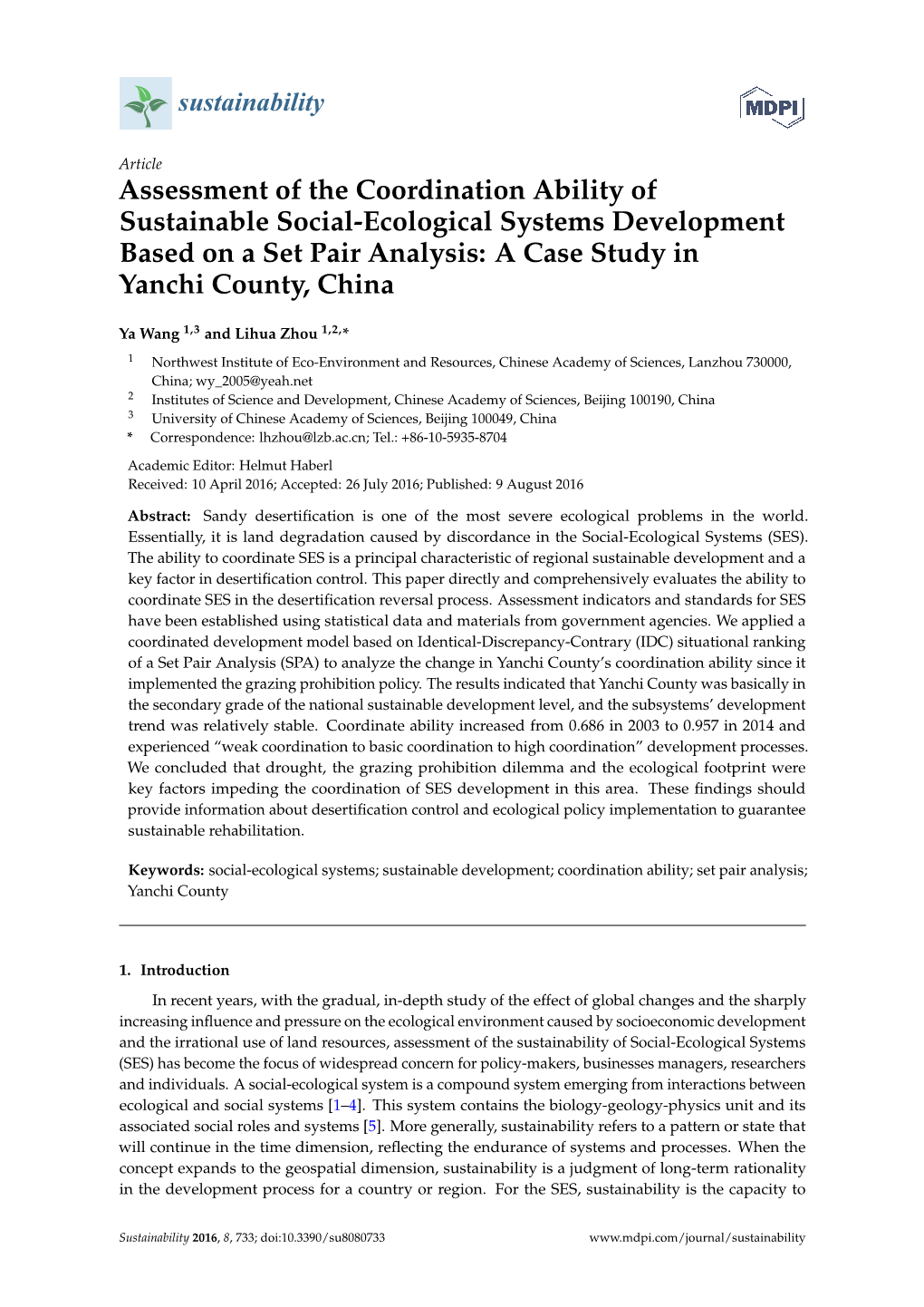 Assessment of the Coordination Ability of Sustainable Social-Ecological Systems Development Based on a Set Pair Analysis: a Case Study in Yanchi County, China