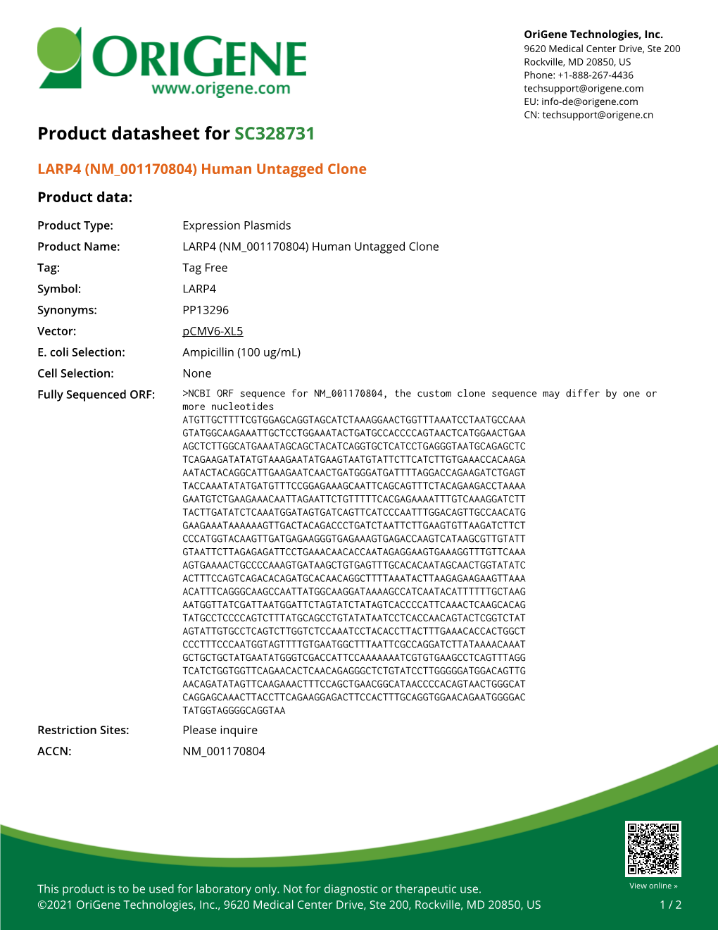 LARP4 (NM 001170804) Human Untagged Clone Product Data