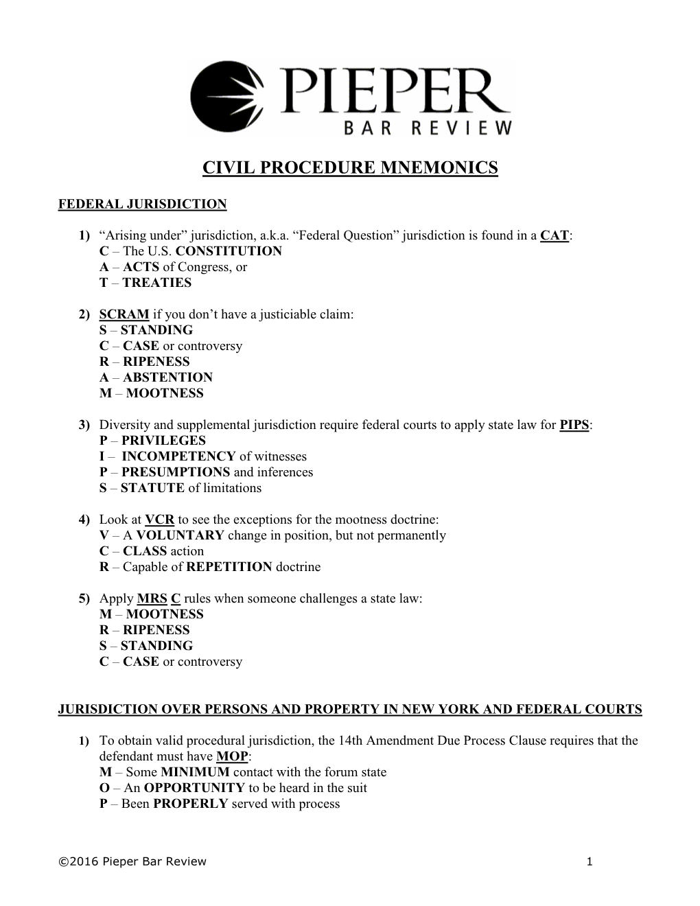 Civil Procedure Mnemonics